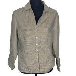 TRACY M Women Linen Shirt Sz L Tan 3/4 Sleeve Button Front Pintuck Office 8A-11